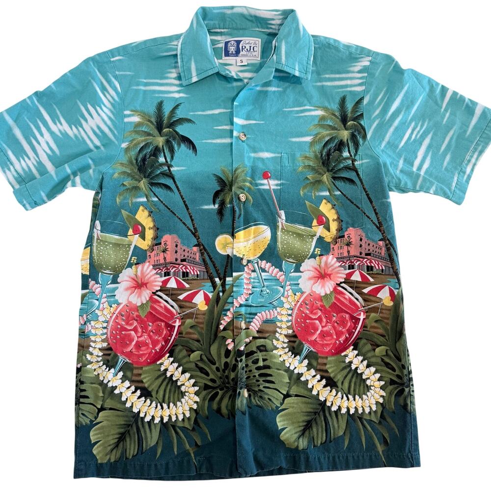 Vintage RJC Hawaii Mens Small Hawaiian Shirt Tropical Cocktail Palm Print